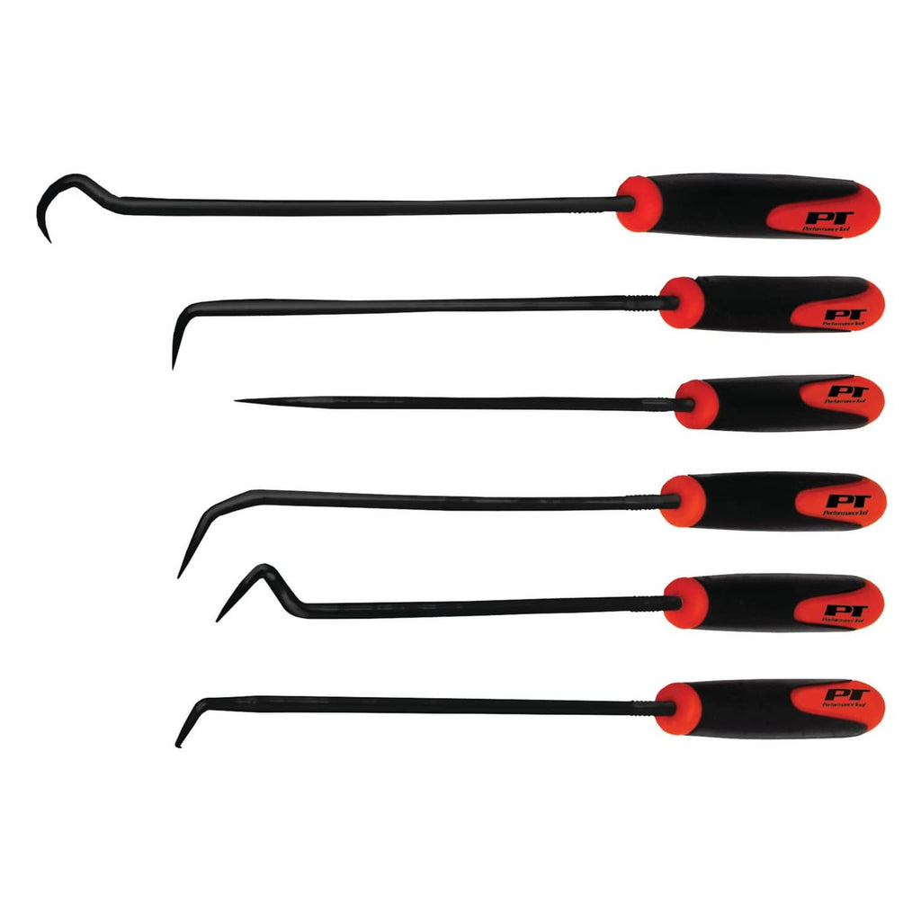 Hook and pick tool set with black handles and red finger-grip tips