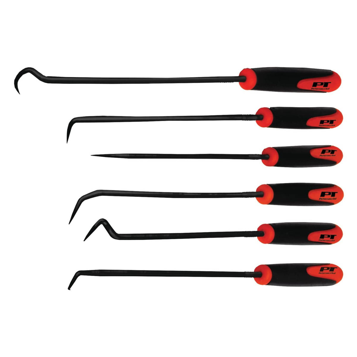 Hook and pick tool set with black handles and red finger-grip tips