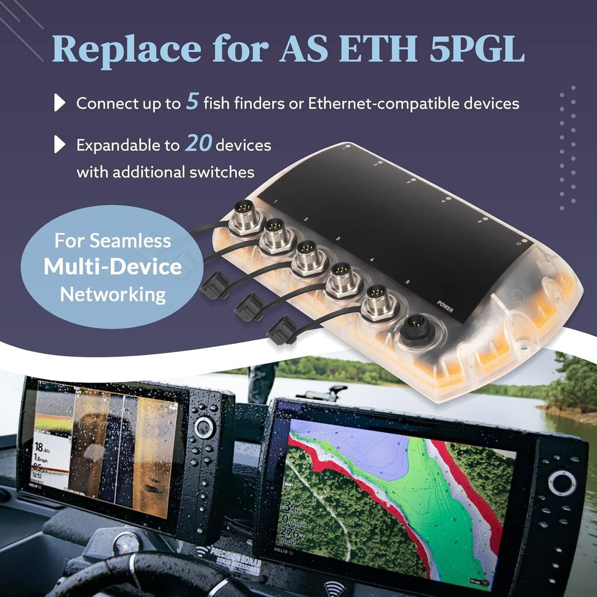 5-port Ethernet switch with mounted connectors and attached multi-device cable