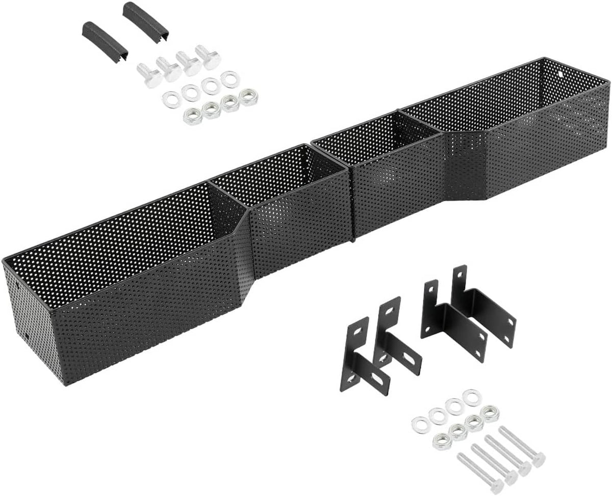 Gray mesh storage tray organizer with long divided compartments and mounting hardware