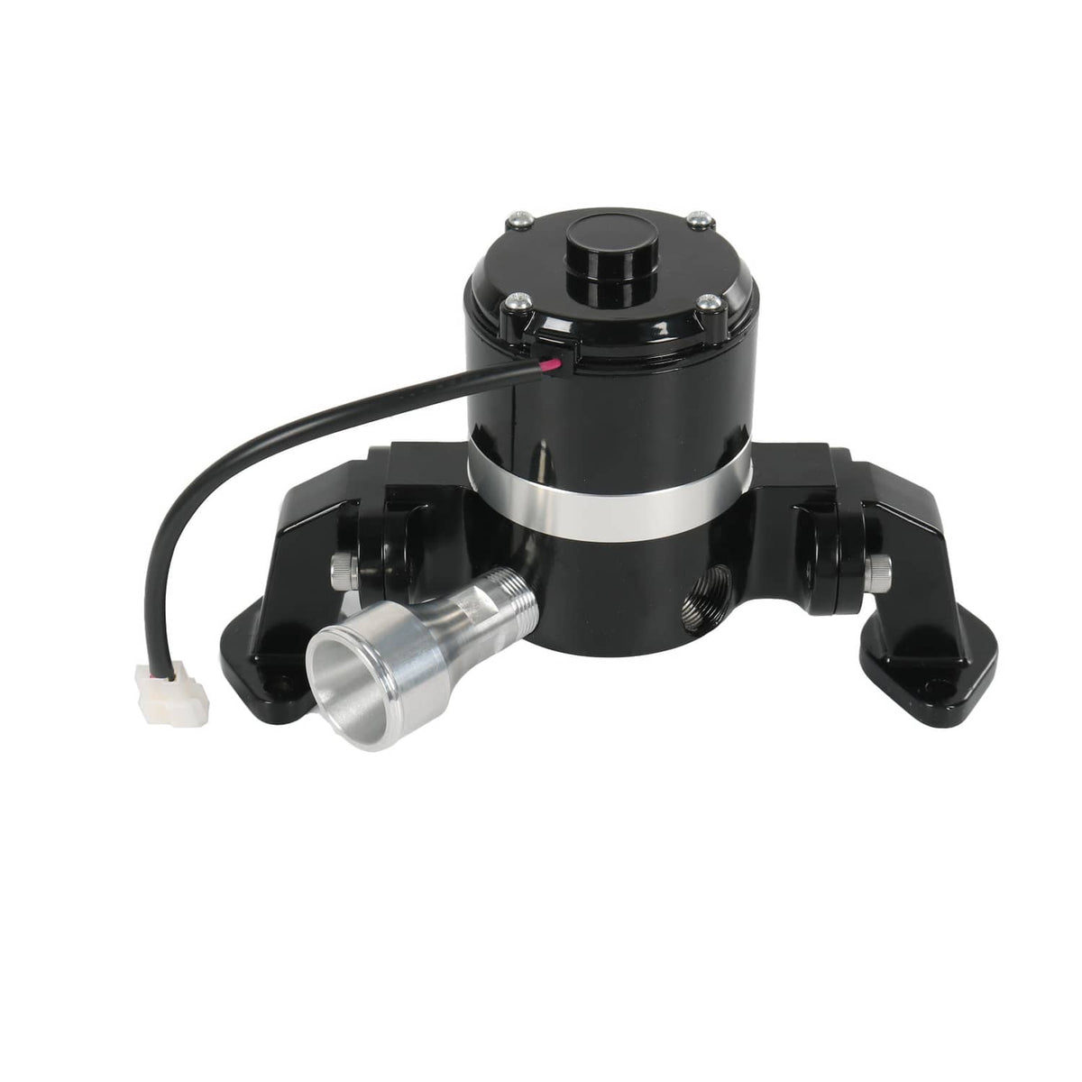 Black electric water pump with mounting brackets and silver inlet/outlet fittings