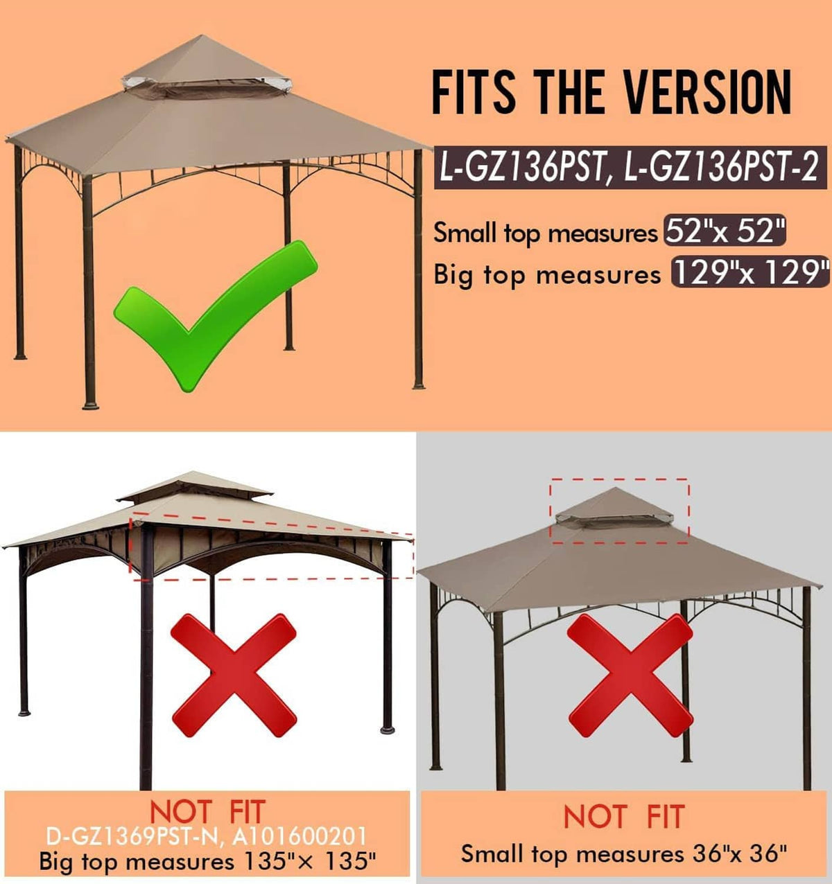 Beige gazebo canopy cover fit chart showing top size measurements