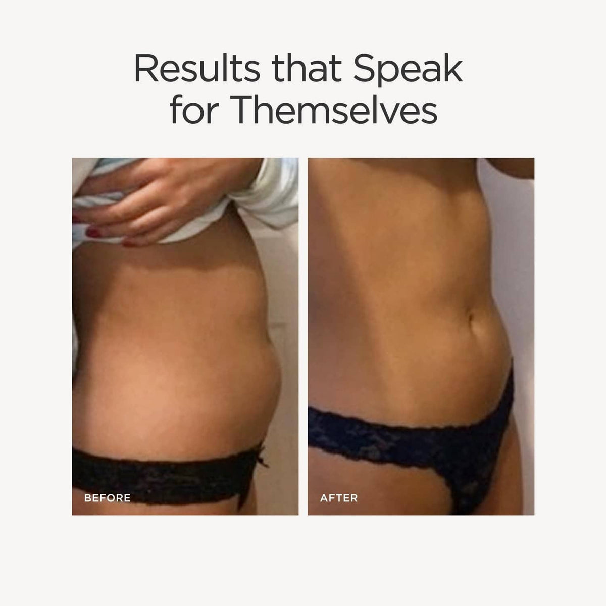 Before-and-after waist comfort results infographic with two body photos