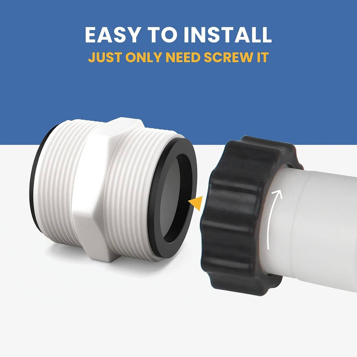 White hose union connector with black gasket and threaded collar, plus connected hose end