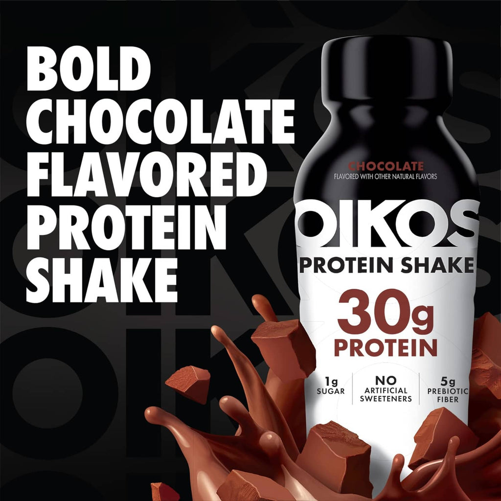 Oikos chocolate flavored protein shake bottle with 30g protein and cocoa pieces