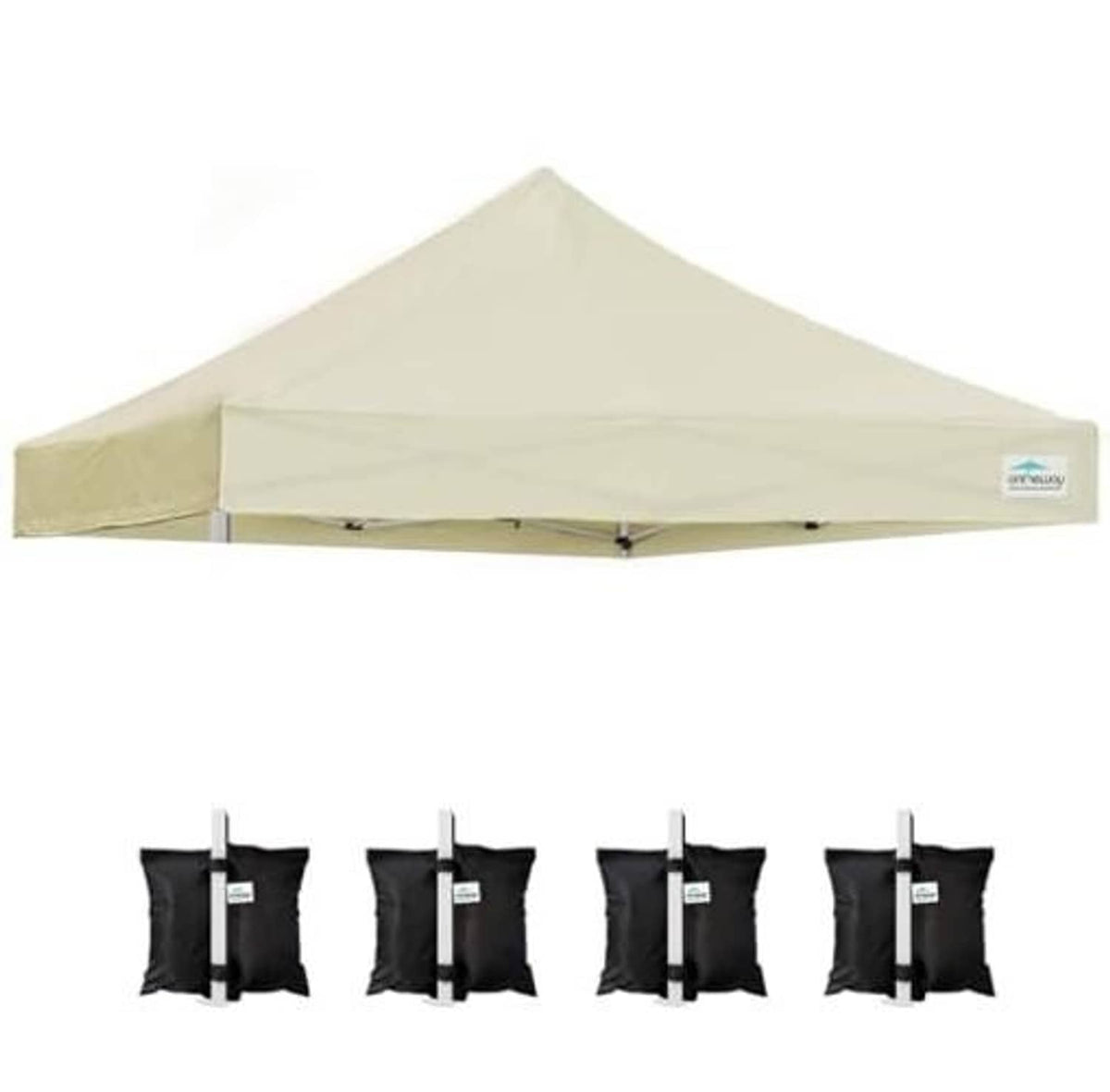 Beige canopy top with matching setup kit pieces in dark storage pouches