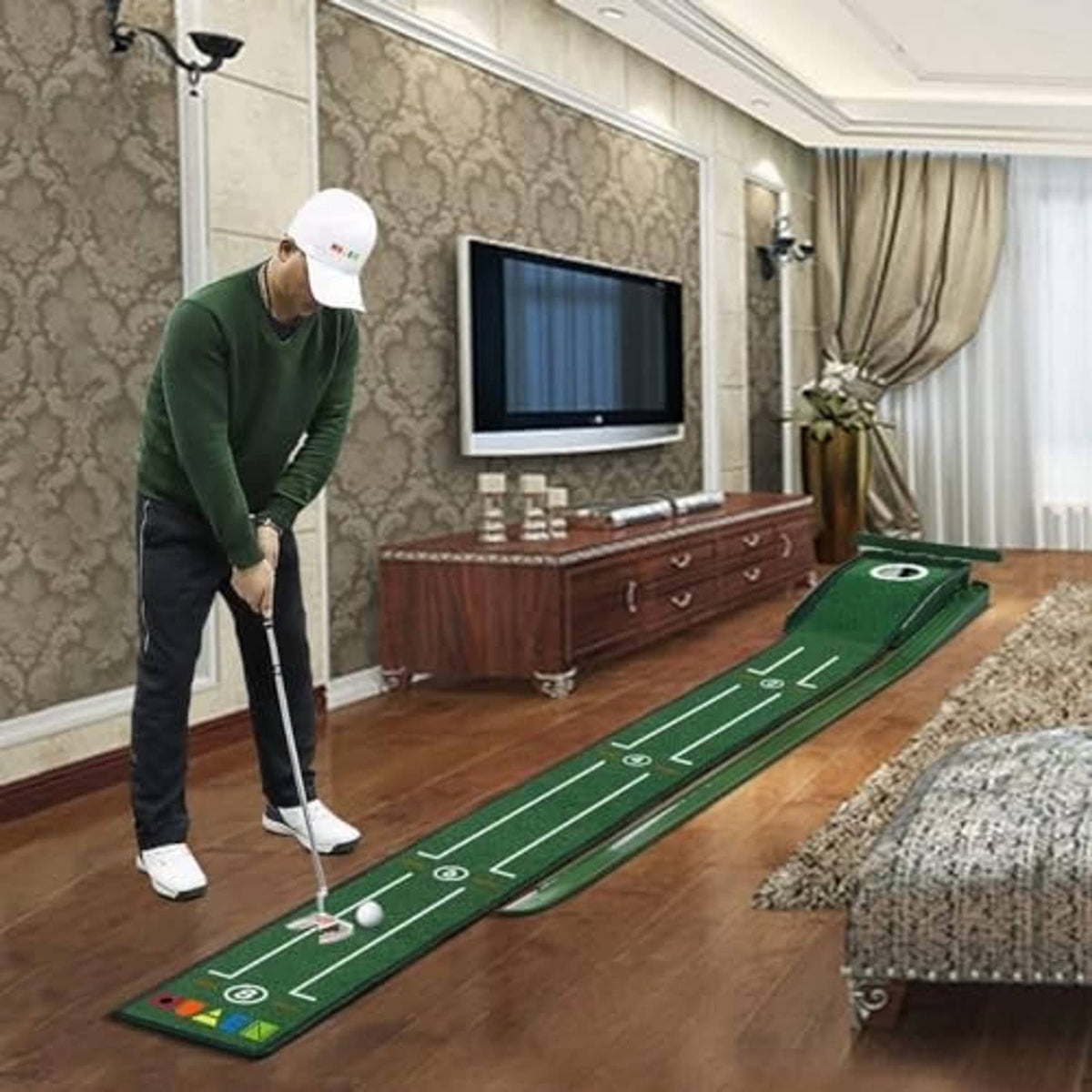 Indoor green golf putting mat with alignment lines laid on the floor