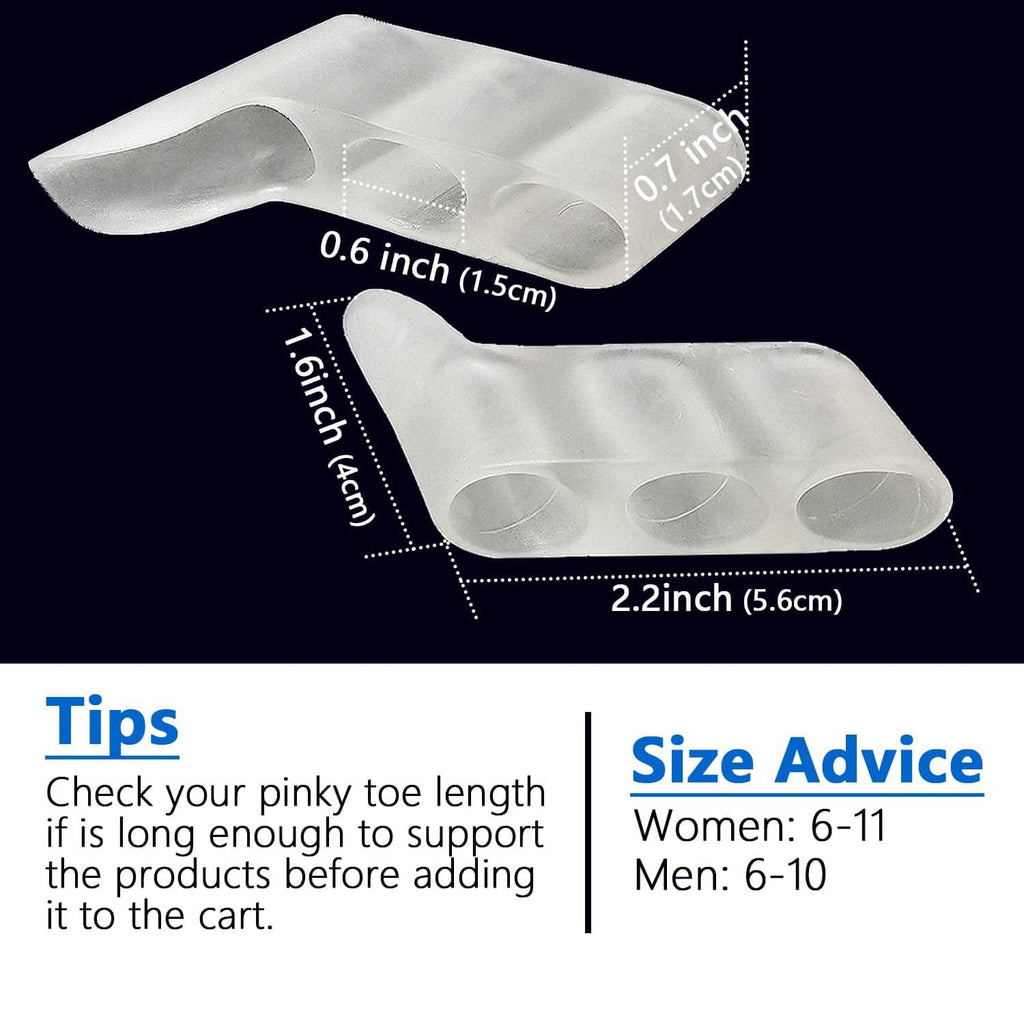 Silicone pinky toe separator set, curved spacer with cushioned sections and length guides