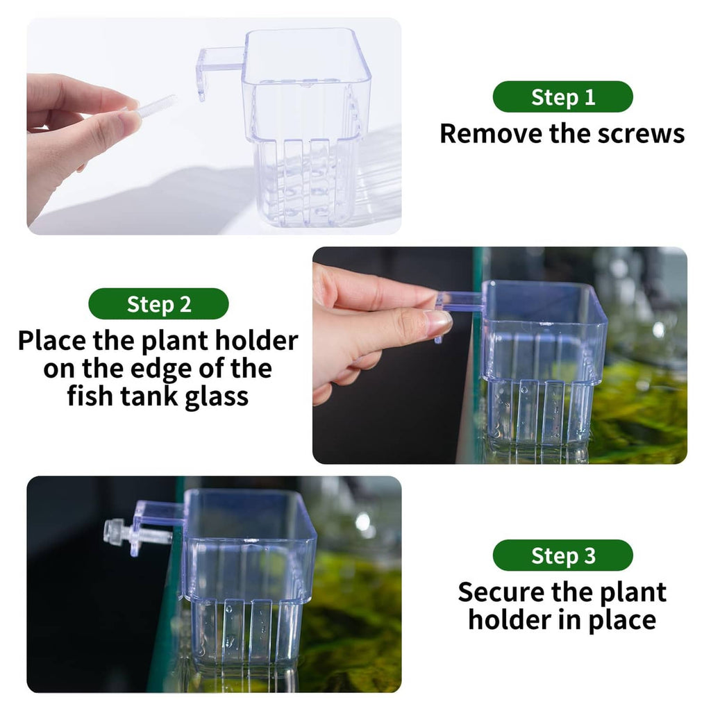 Clear aquarium plant holder pot being installed with a side clamp on tank edge