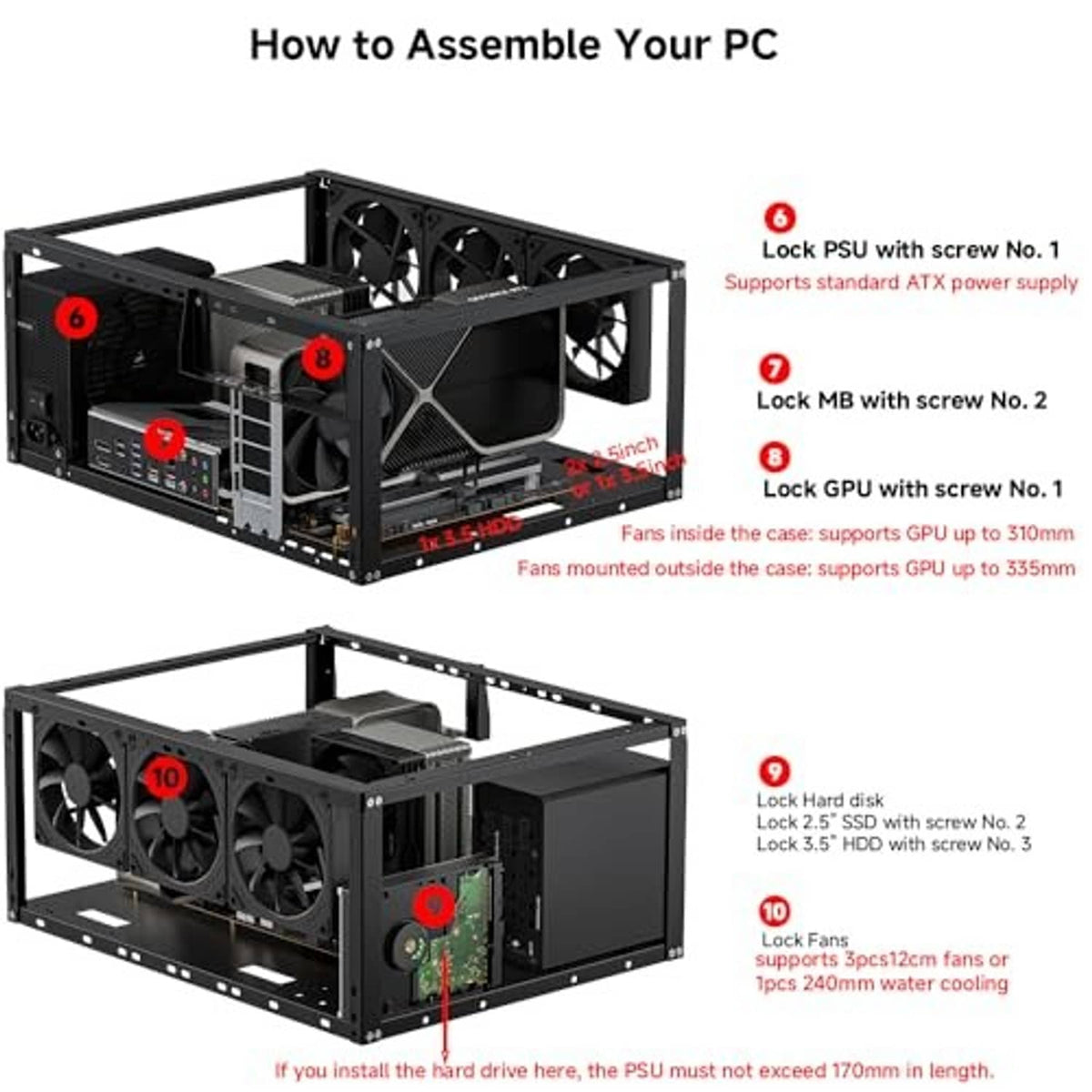 Open frame computer chassis with multiple fan mounts and internal component bay