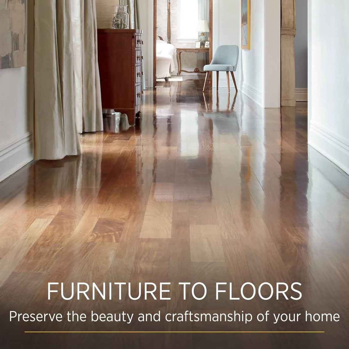 Glossy hardwood floor finish in a bright living room hallway