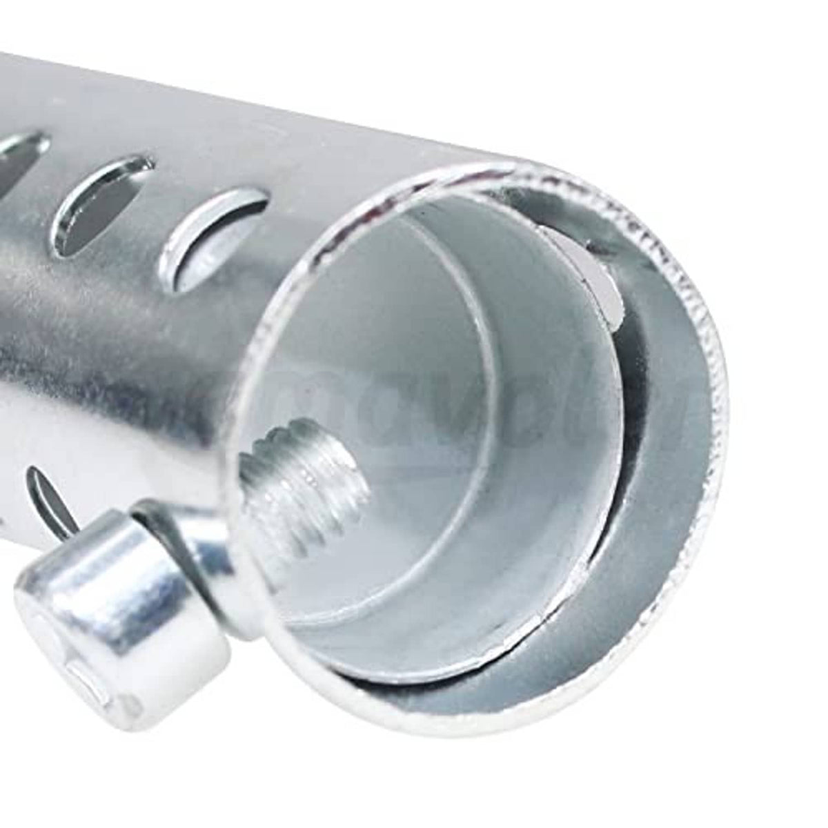 Silver exhaust baffle insert close-up: round end cap, vent holes, and mounting stem