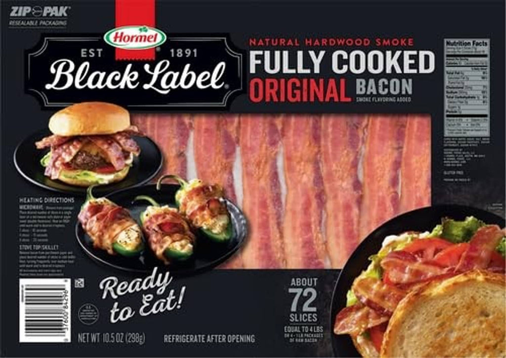 Fully cooked original bacon package with Black Label logo and slice count details