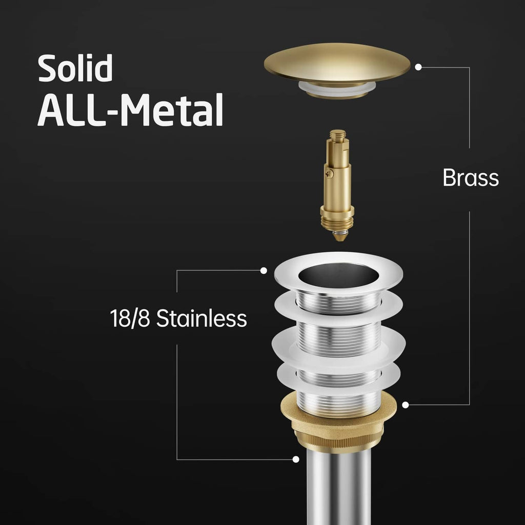 All-metal bathroom sink pop-up drain assembly with chrome-like threaded body