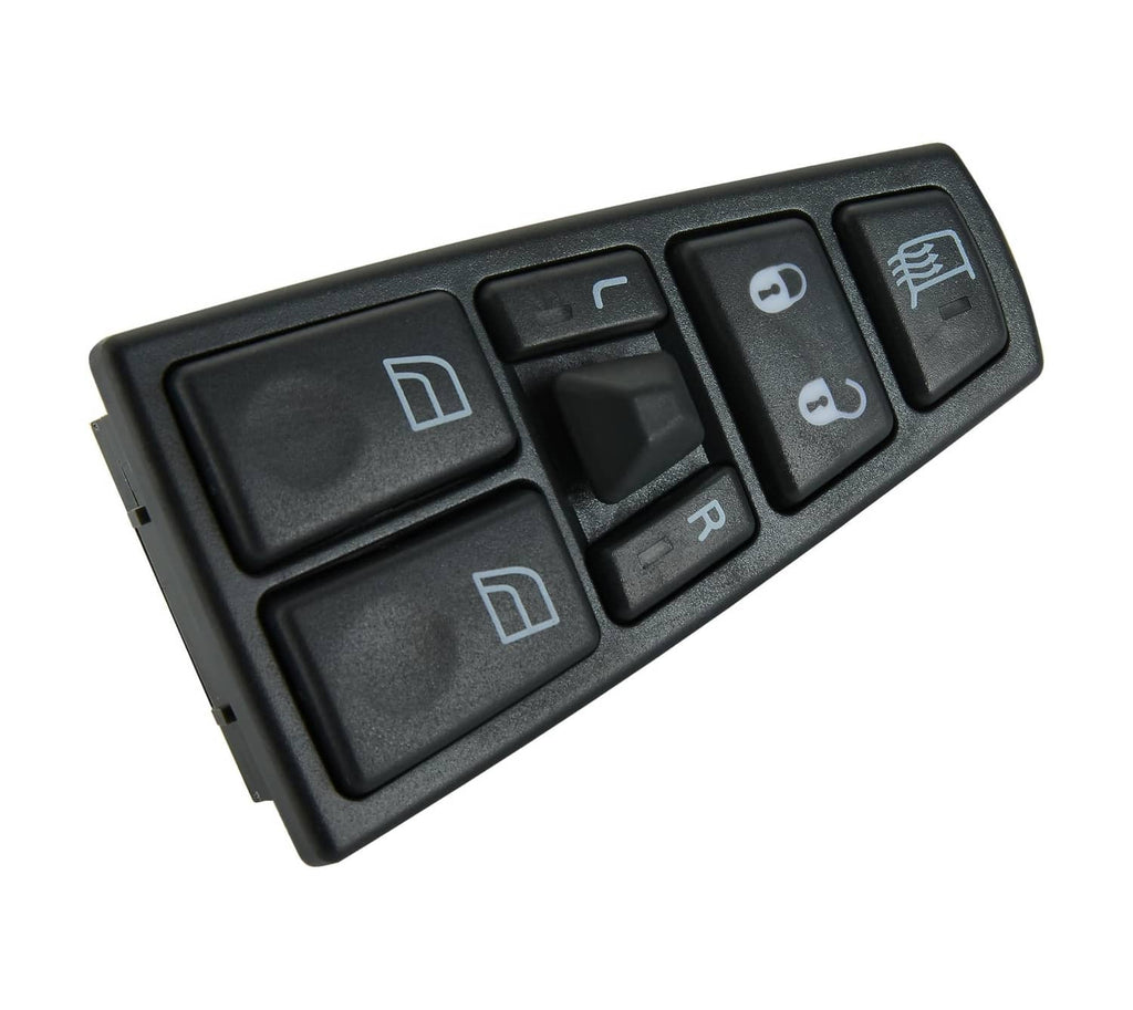 Black power window switch with window rocker buttons and mirror/defrost control icons.