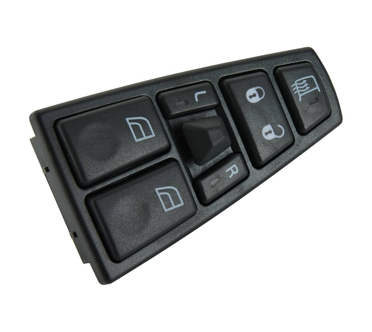 Black power window switch with window rocker buttons and mirror/defrost control icons.