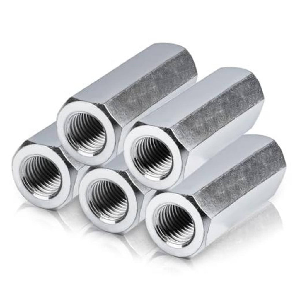 Zinc-plated hex coupling nuts with 3/8-24 threads, four-piece stack