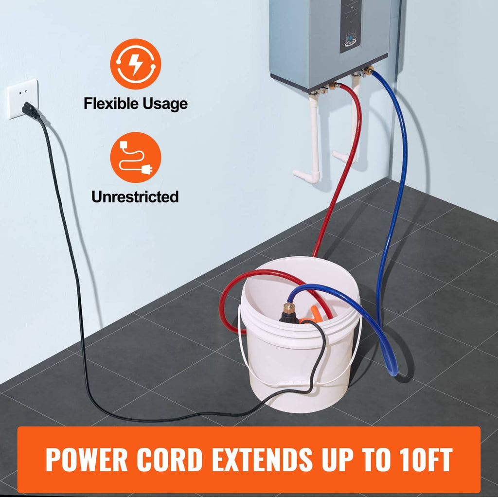 White flushing bucket with connected red and blue hoses and fittings for heater descaling