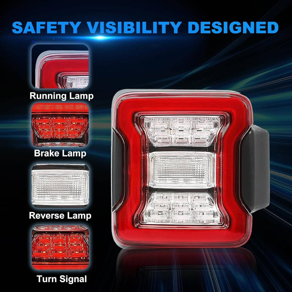 Square LED tail light with red surround and clear stacked lenses, in black housing