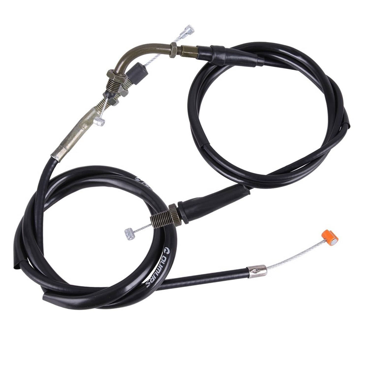 Clutch and throttle cable set with black housing, metal adjusters, and multiple end fittings