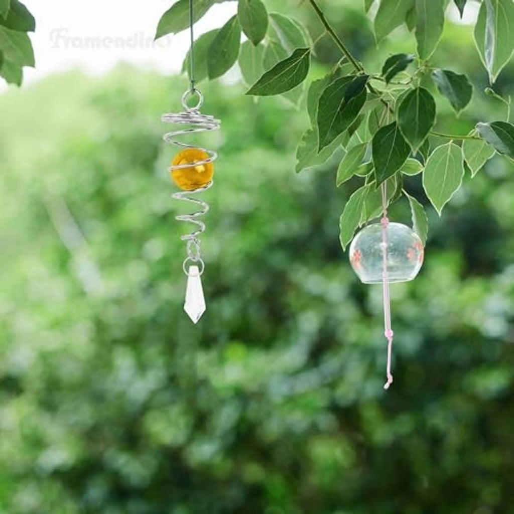 Hanging gazing ball wind spinner with yellow glass ball and clear crystal drop