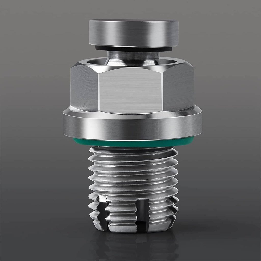 Stainless steel oil drain plug repair kit with green seal and serrated threads