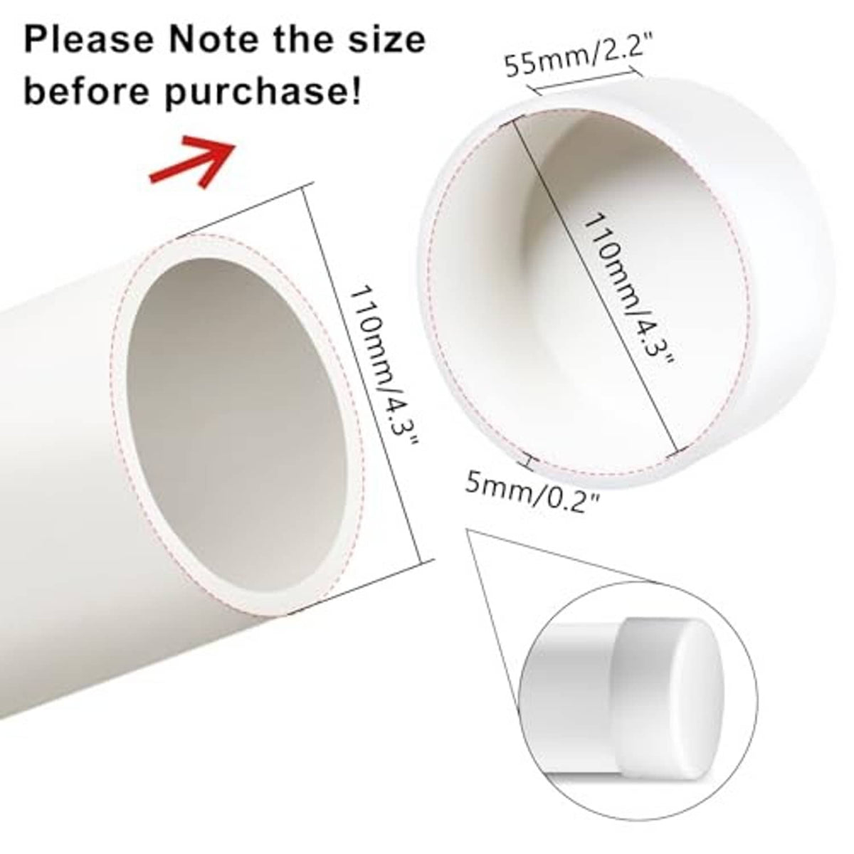 White round end cap plug adapter with inner opening and side dimensions