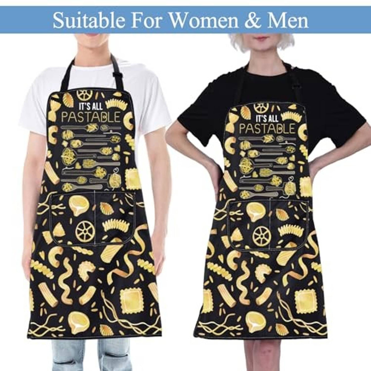 Black pasta graphic apron with 'IT'S ALL PASTABLE' text for women and men