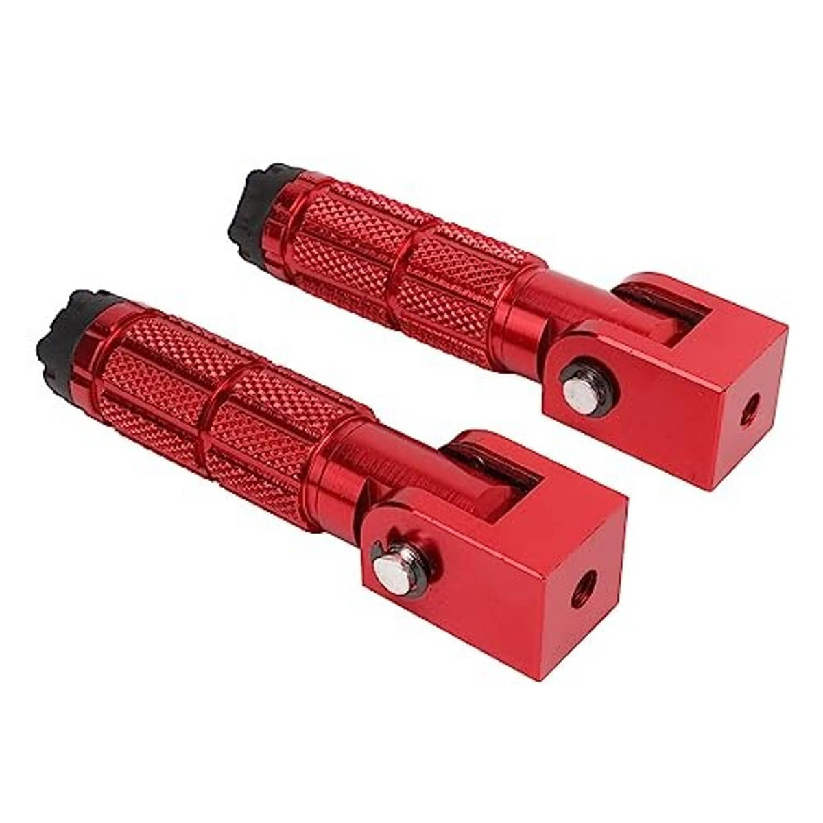 Two red motorcycle foot pegs with textured grips, black end caps, foldable mounting blocks
