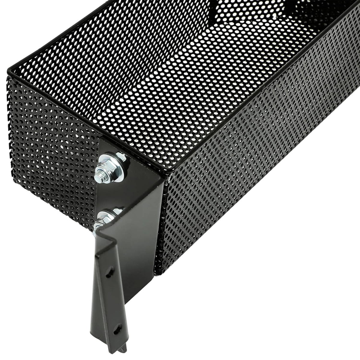 Black perforated mesh storage tray with side mounting plate and bolt hardware