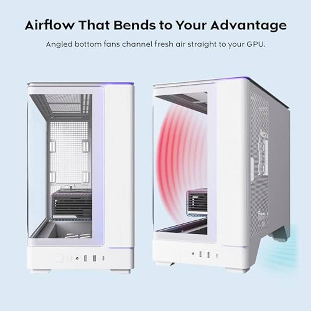 White PC case showing angled bottom fan airflow channel and open front compartment