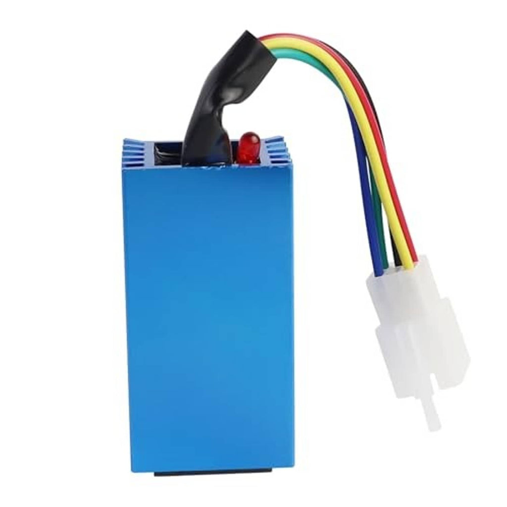 Blue CDI ignition control module rear view with multicolor wires and white plug