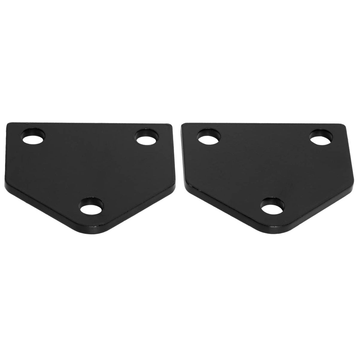 Black metal lift mounting plates with four bolt holes, two-piece set