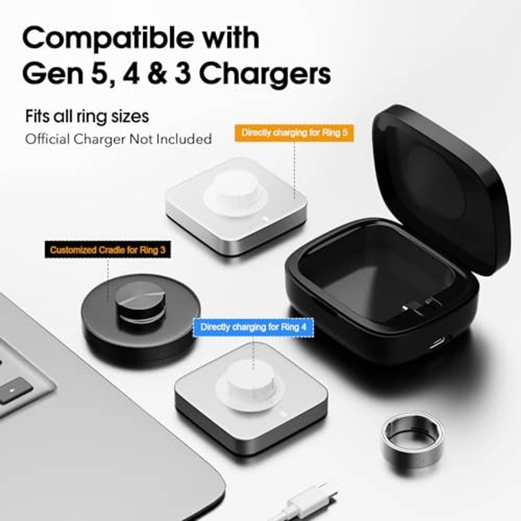 Black charging case with open lid and ring charging cradle base