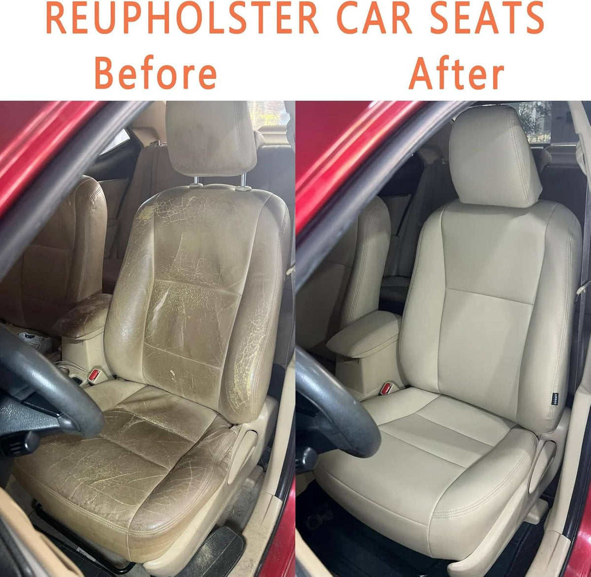 Car seat upholstery reupholstering before-and-after using hog rings