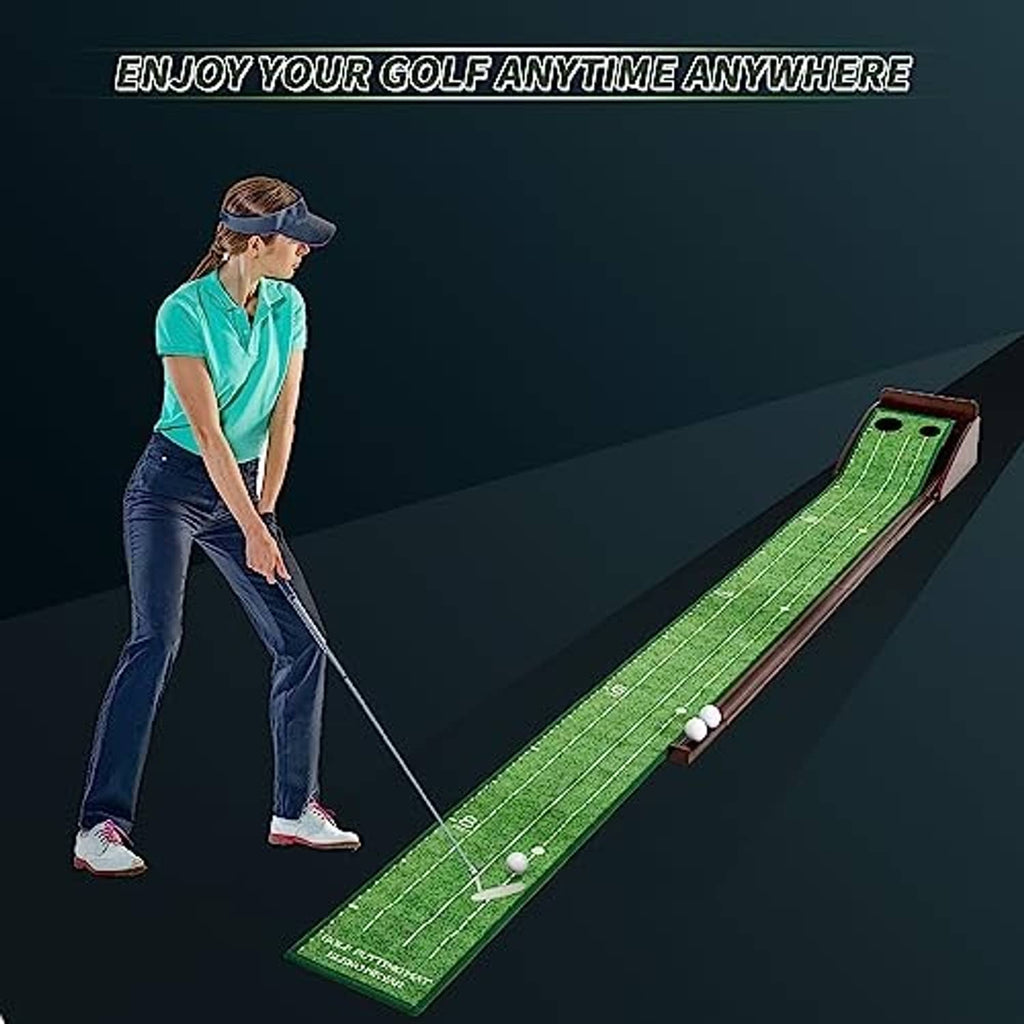 Indoor putting green golf mat with balls and parallel alignment lines on green surface