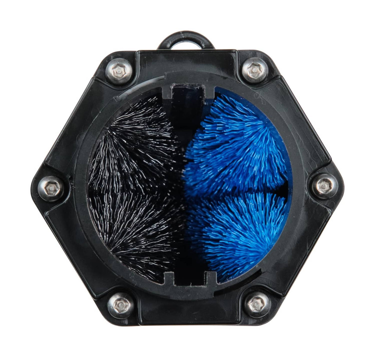 Hexagonal brush head for Clean Flight golf ball washer with blue and black bristles