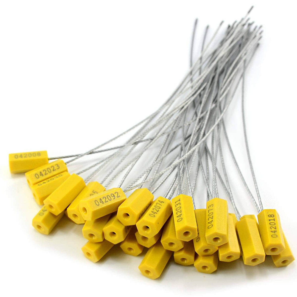 Bulk yellow cable seals with steel wire and visible numbered ends