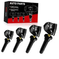 Set of black TPMS sensors with valve stems and yellow band, compact angled view