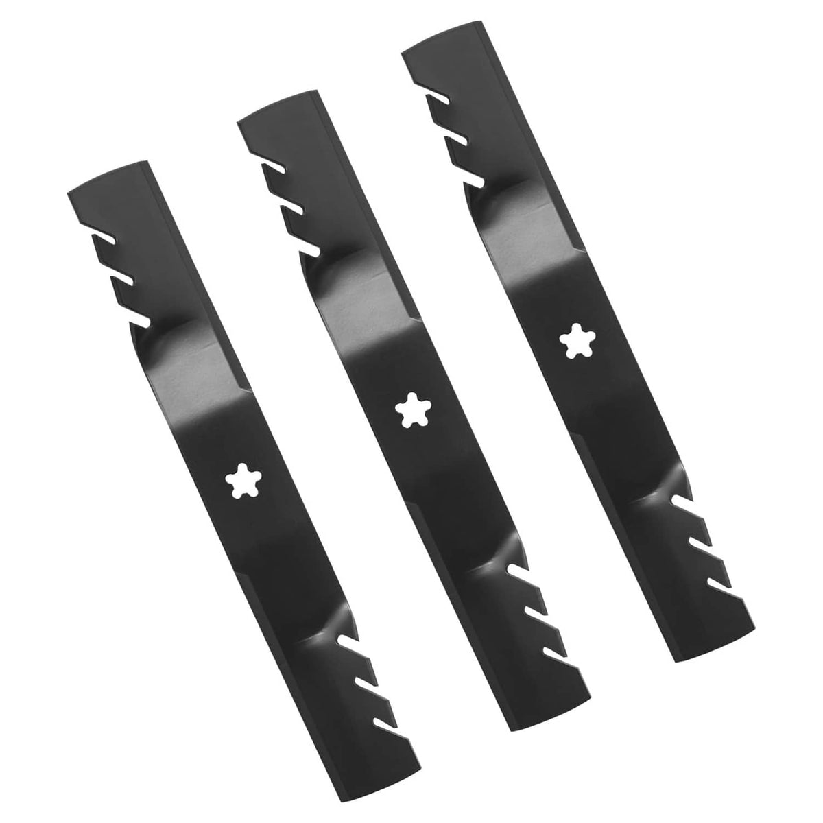 Mulching mower blade set of three, black steel with 5-point star center holes