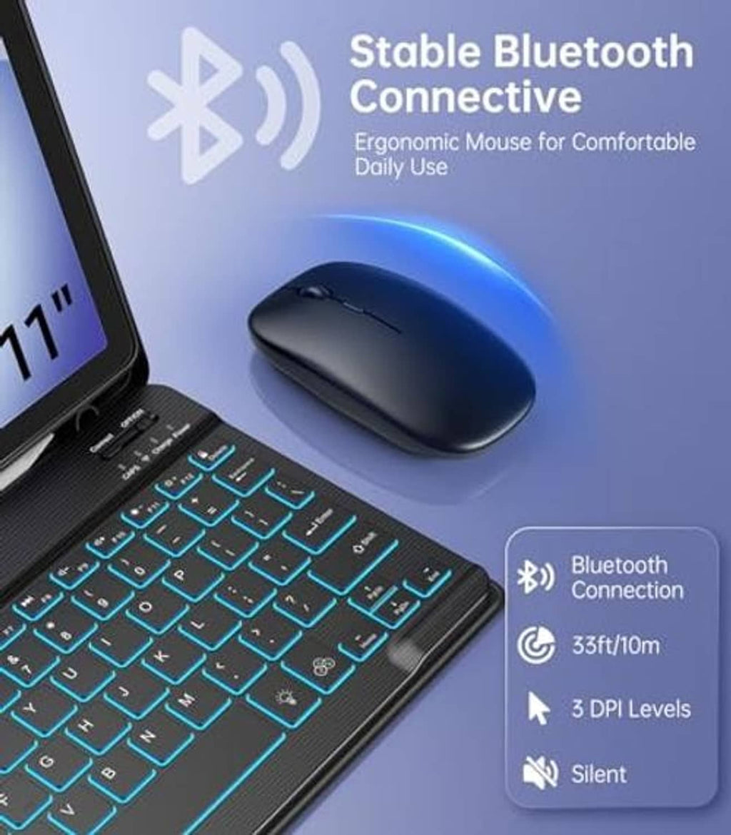 Black tablet keyboard case with teal backlit keyboard and Bluetooth wireless mouse