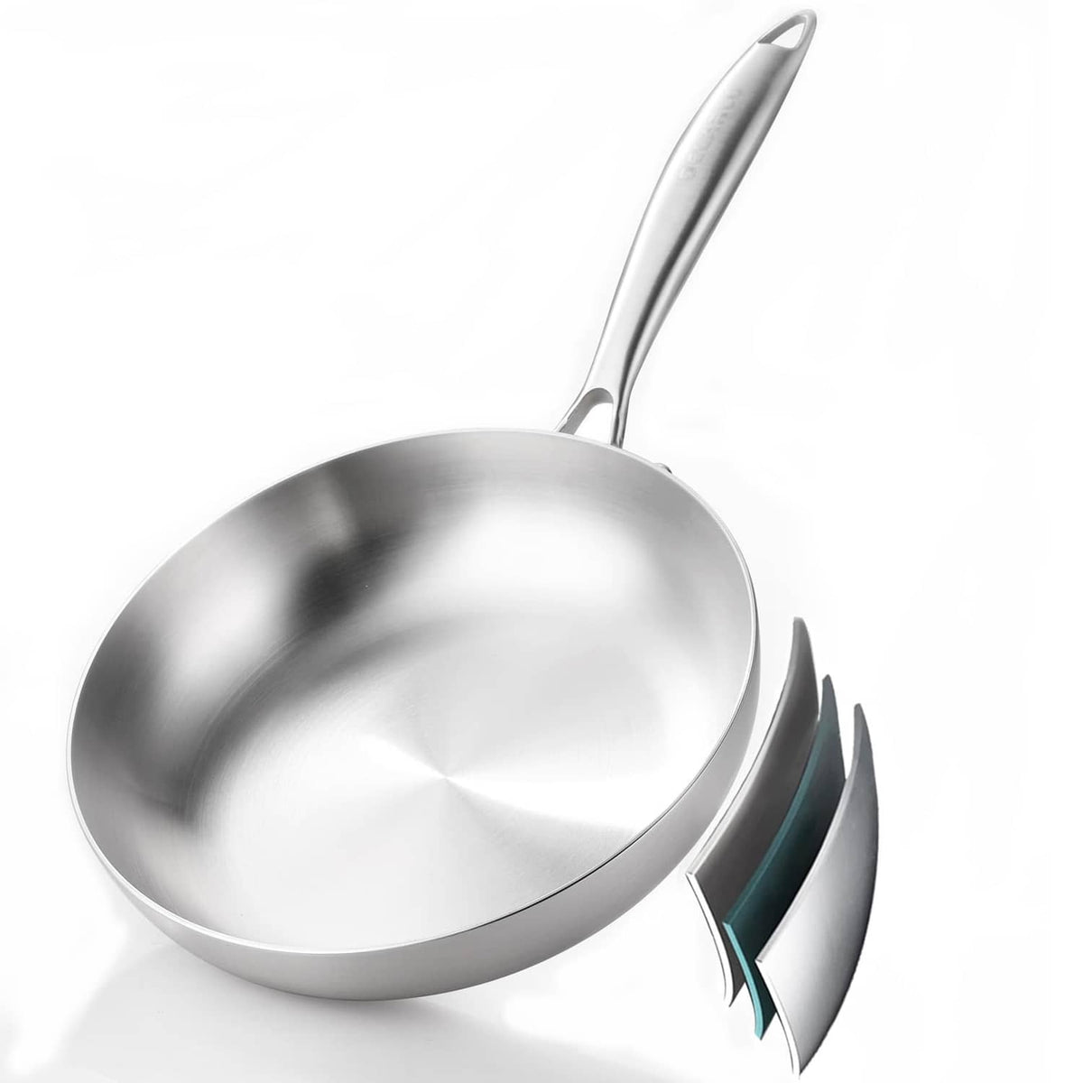 Stainless steel 8-inch small frying pan with long handle, silver