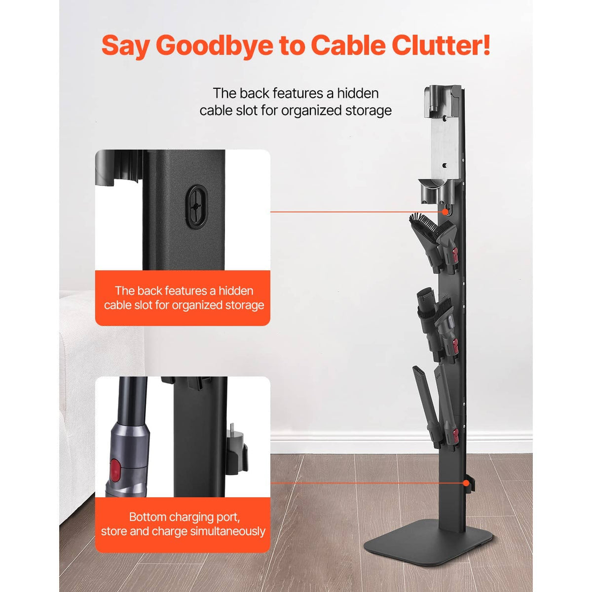 Black vacuum stand with back cable slot and bottom charging port for organized storage