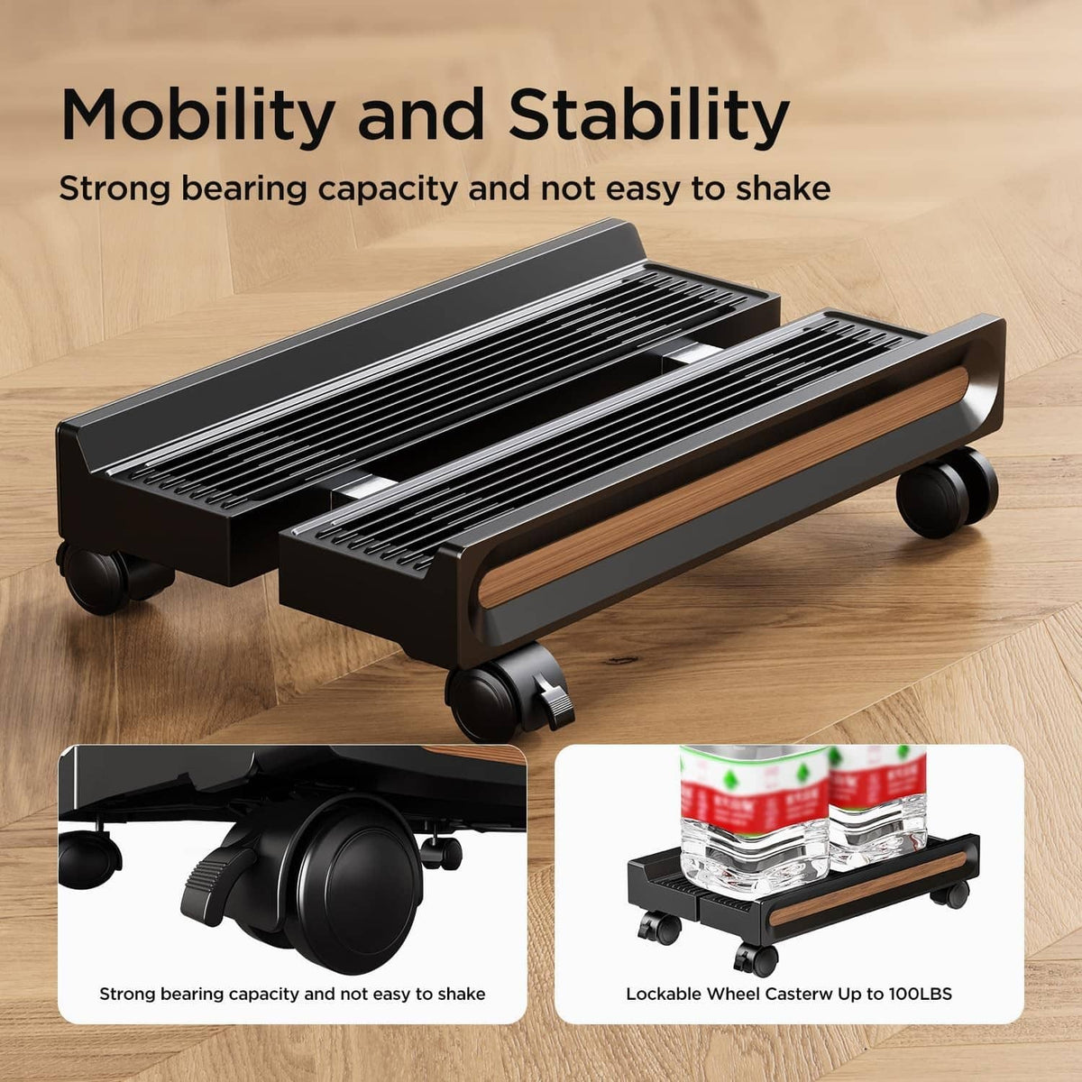 Black ventilated computer stand with wood accent rails and locking caster wheels