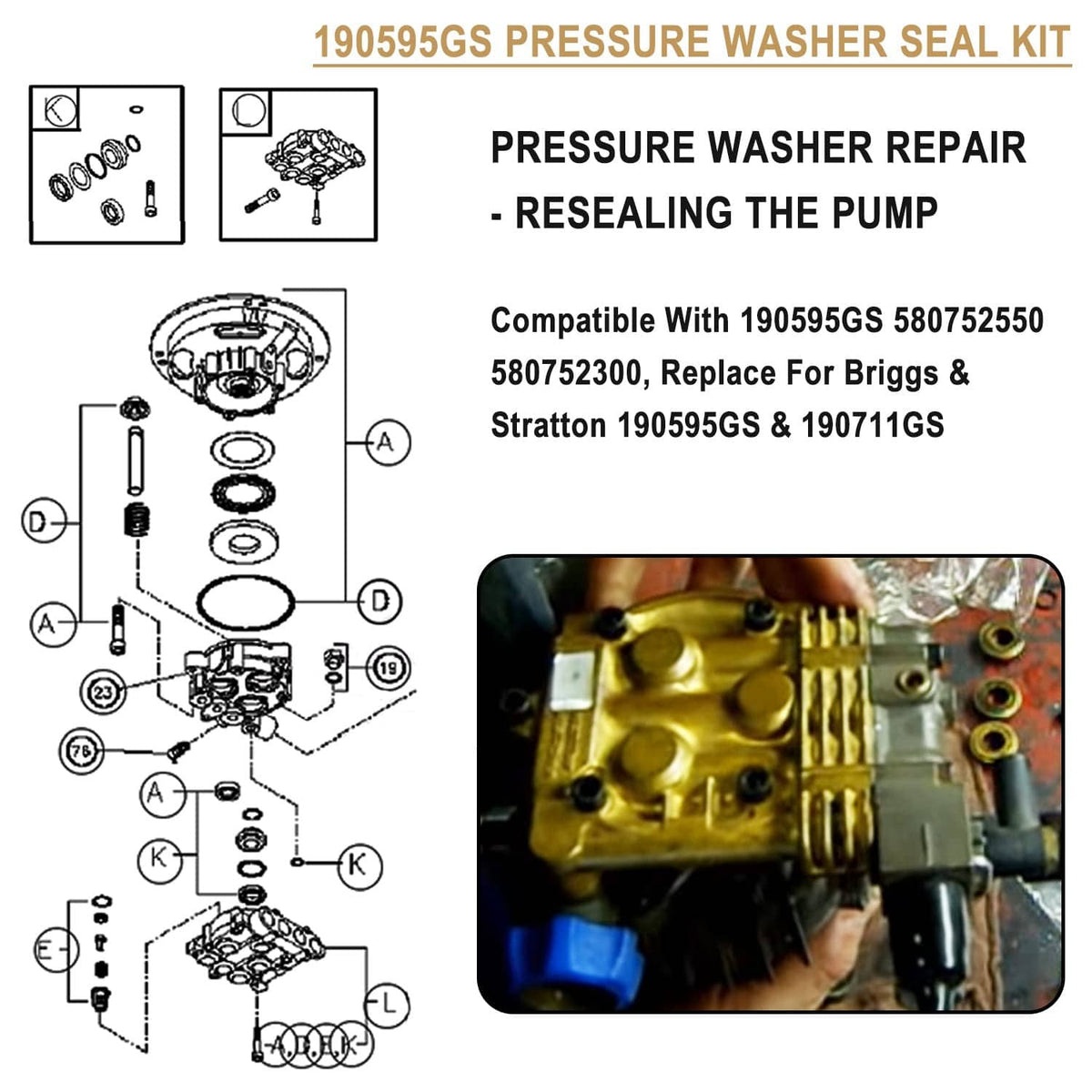 Pressure washer repair diagram with resealing pump parts from seal kit