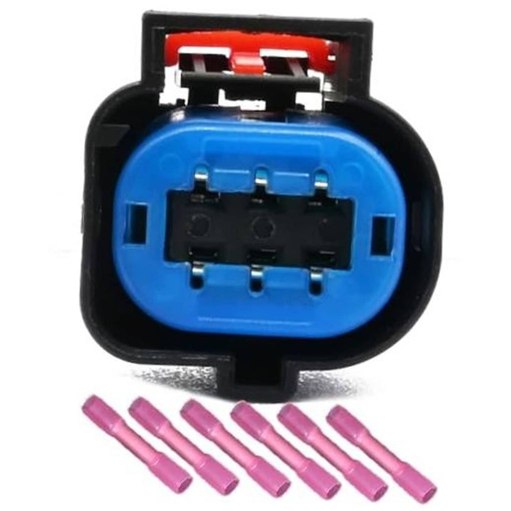 6-pin electronic connector with blue housing and pink terminal wires