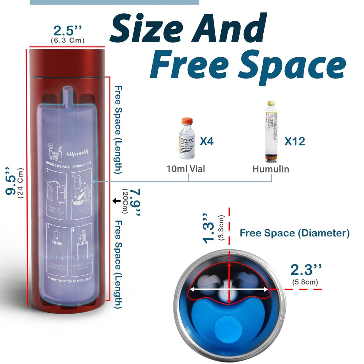 Insulin travel cooler size and free space diagram with dimensions