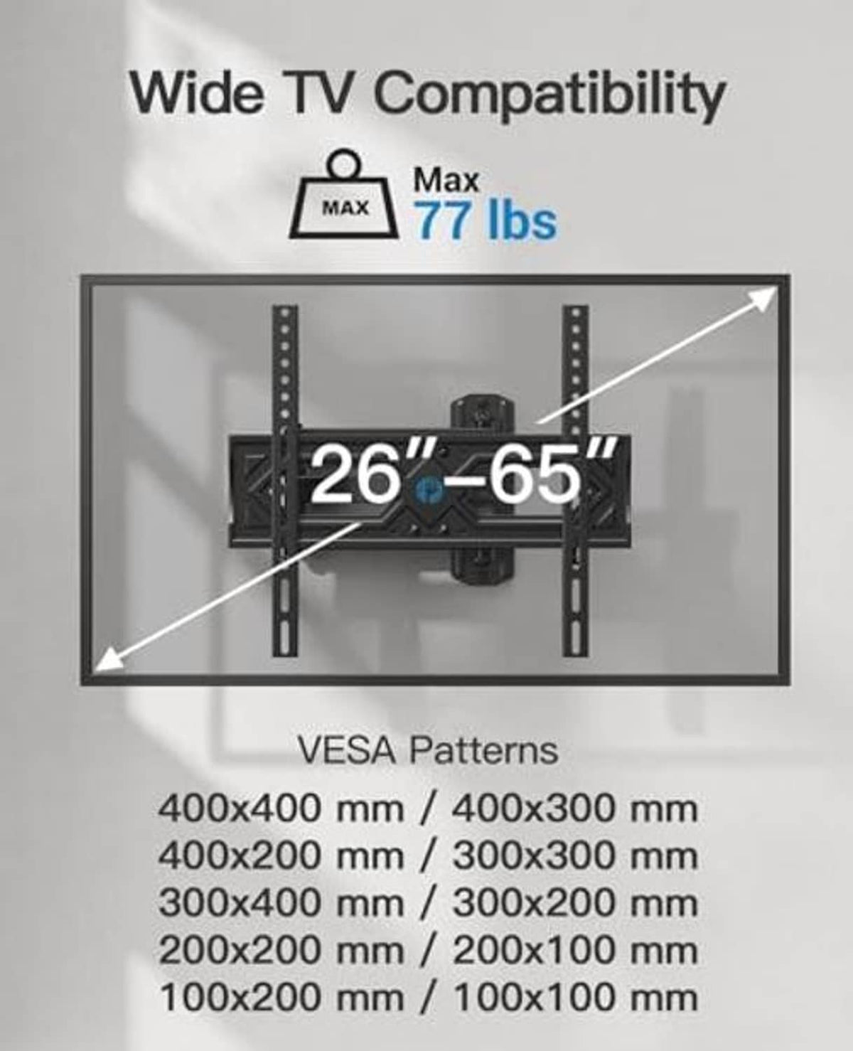 TV wall mount bracket showing compatibility range and VESA pattern layout