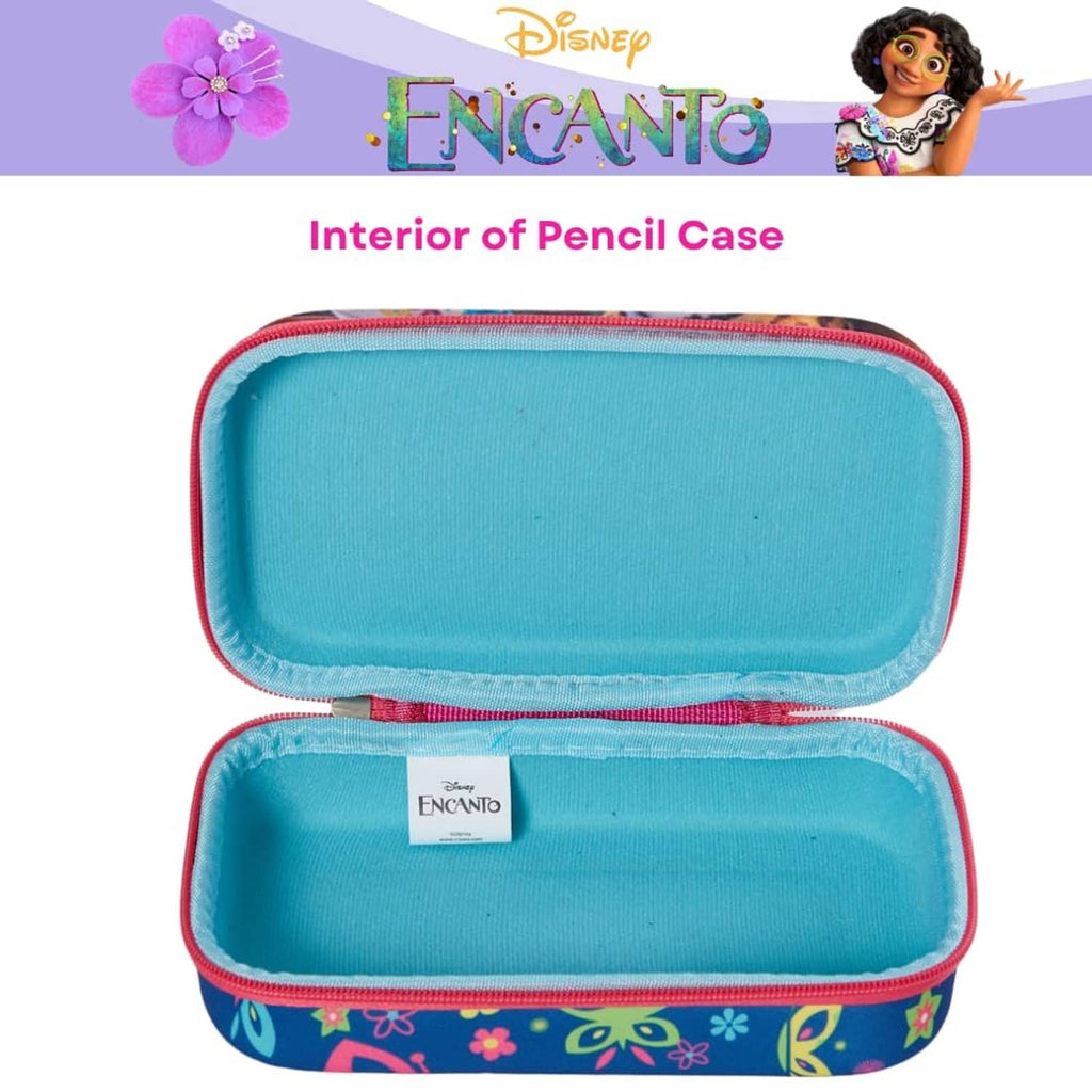 Interior of zip pencil case with light blue fabric lining and red trim