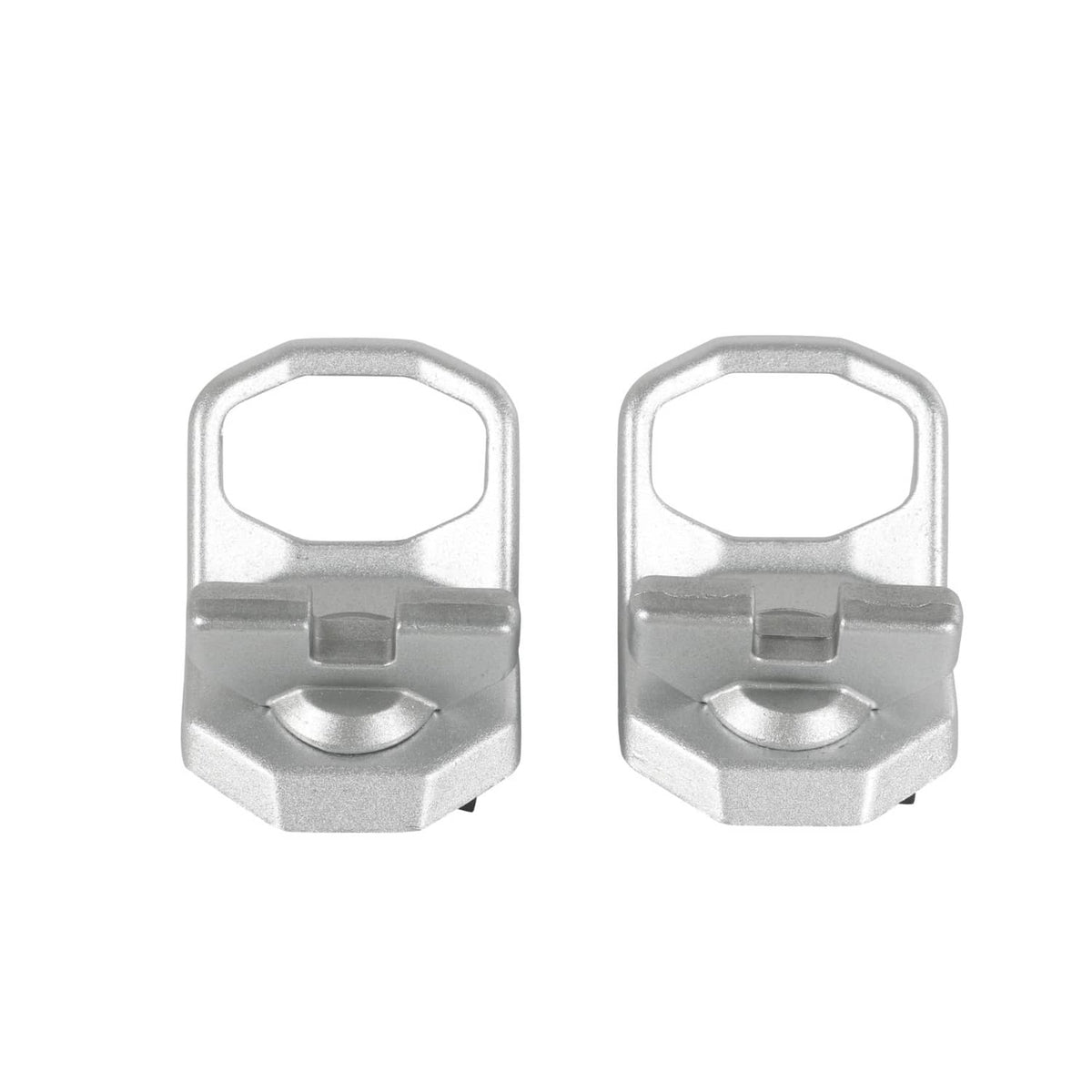 Pair of silver D-ring tie-down brackets with locking handle